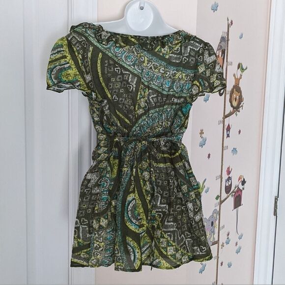 Ruffle cotton silk top abstract print green Large @K1 - Picture 2 of 13